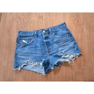 VINTAGE LEVIS BIG E 32 stone wash blue button fly cutoff jean shorts farmcore